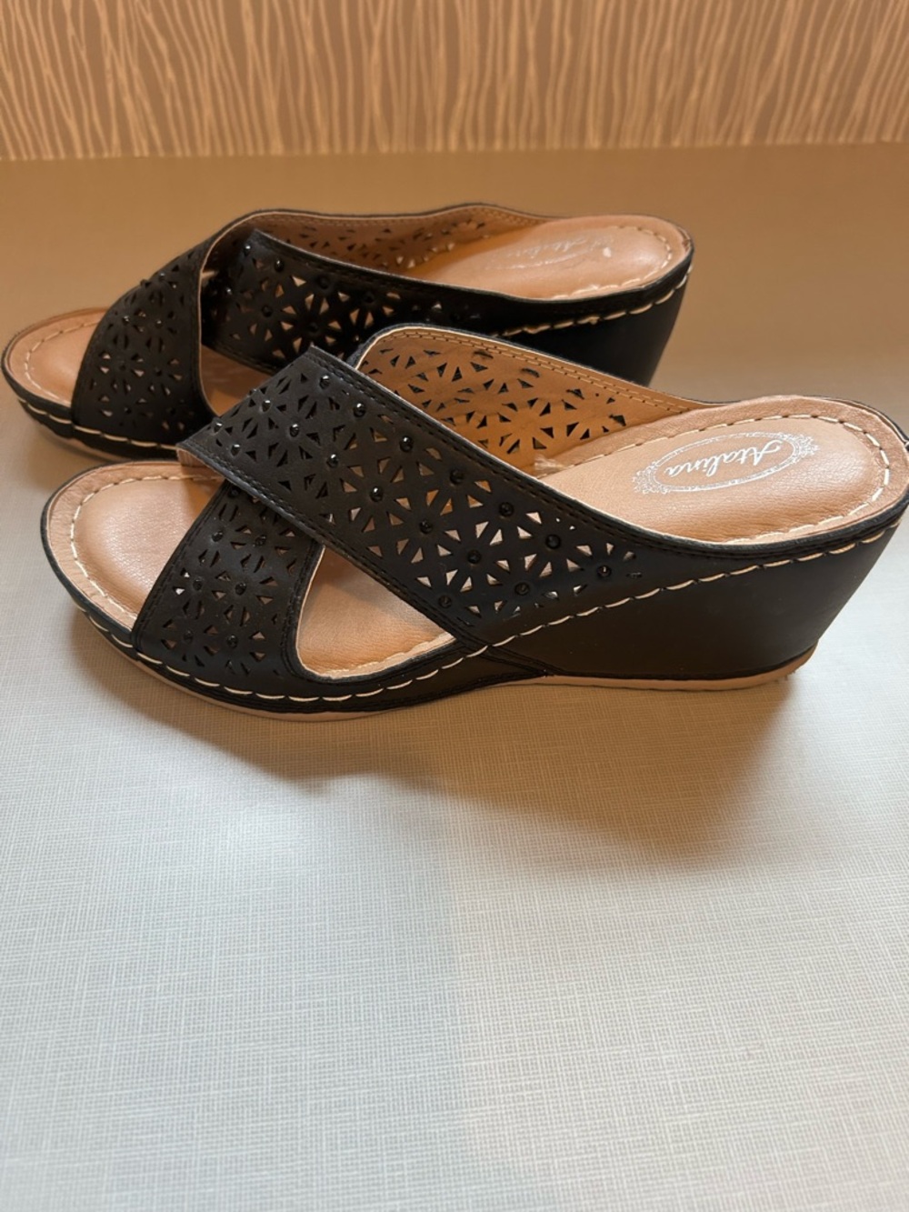 Catalina Black Laser-Cut Wedge Sandals